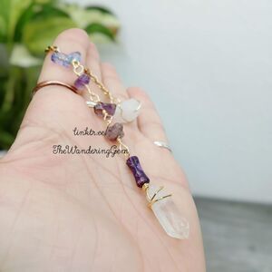 Amethyst & Quartz Crystal Beaded Dowsing Pendulum, Butterfly Purple 7.5"